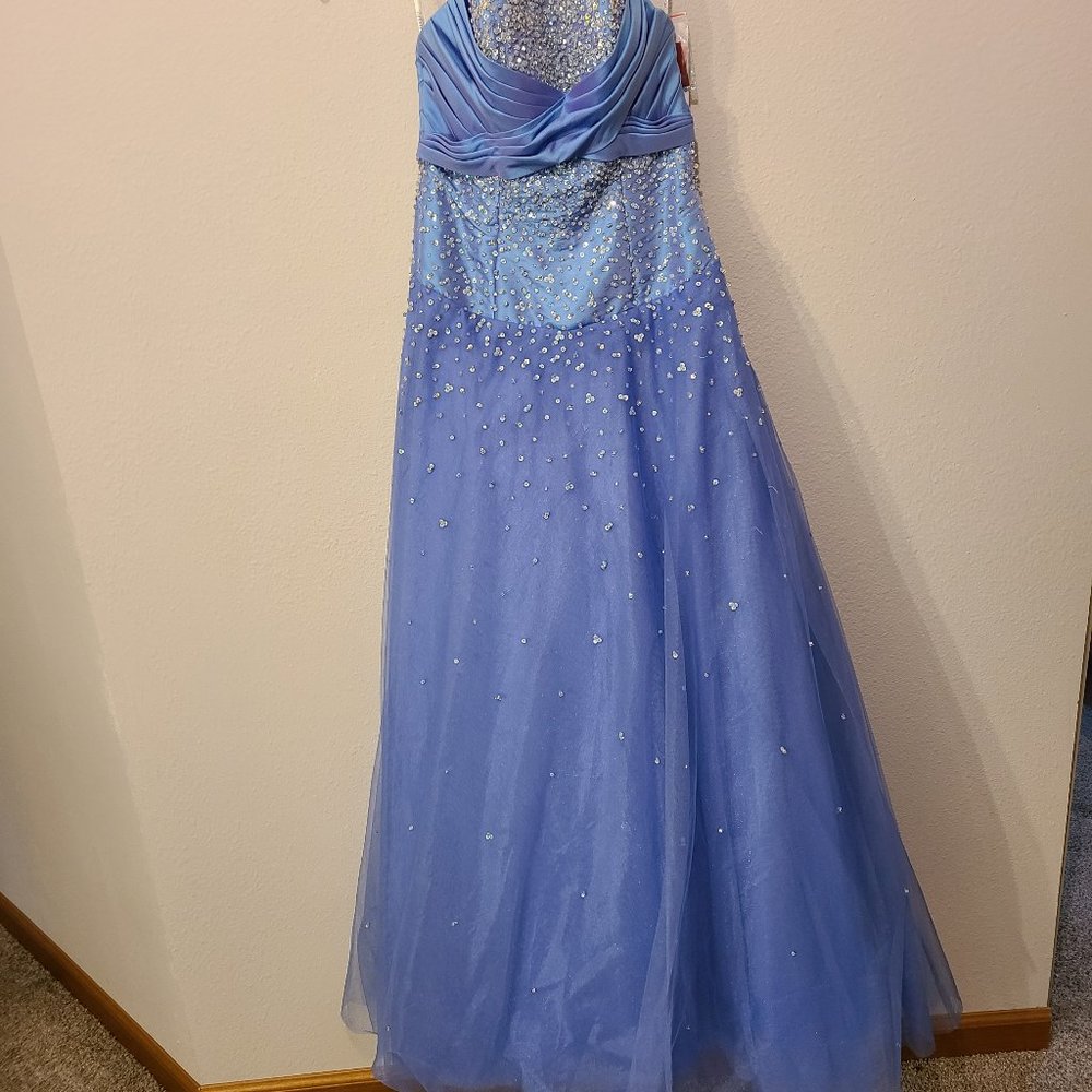 Tiffany Designs light blue strapless prom dress